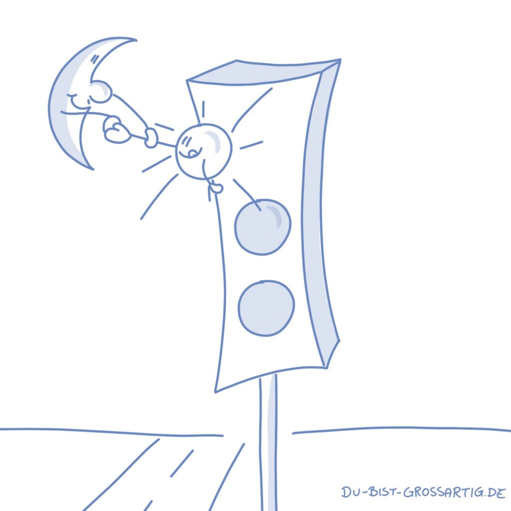 Der Mond holt die rote Ampelfarbe aufs der Ampel. Sie wird an seiner Hand zur Sonne.