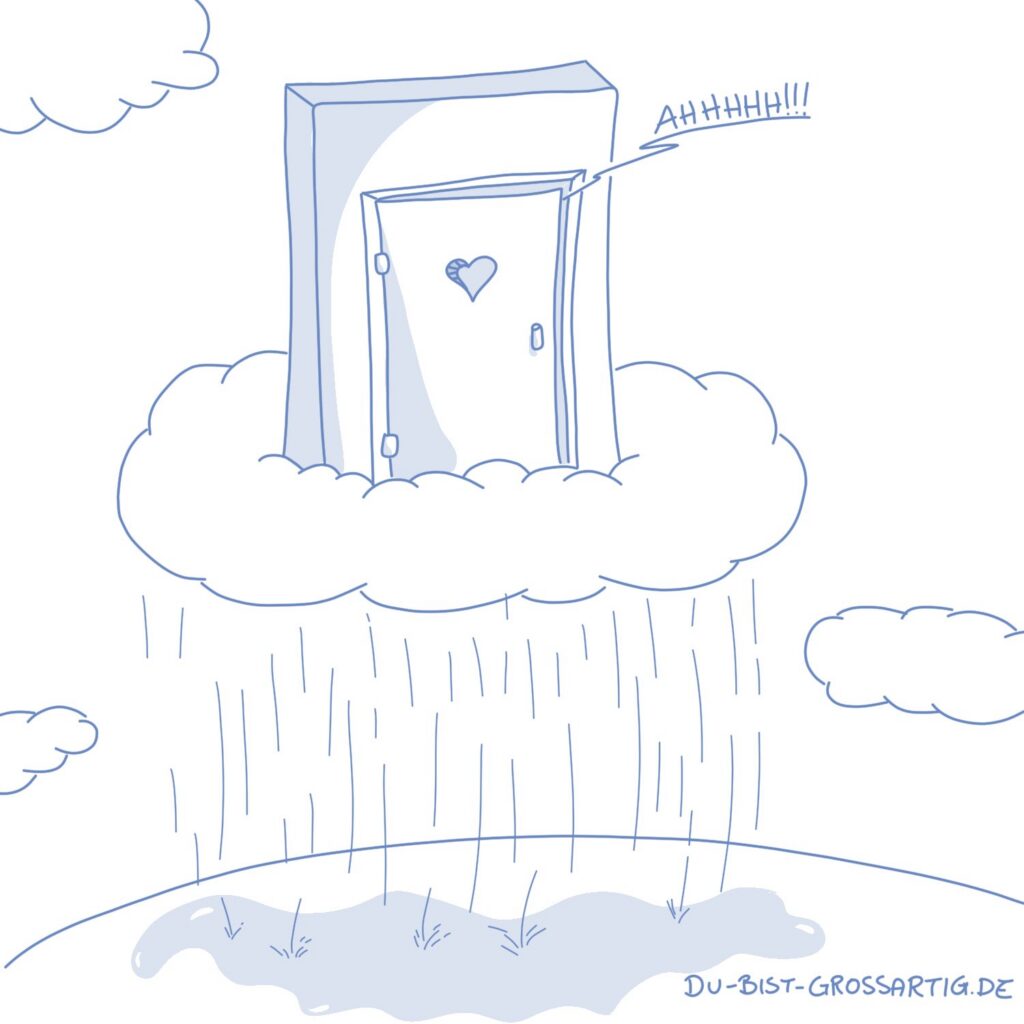 Ein Toilettenhäussen steht auf einer Regenwolke. Aus dem Häusschen erklingt ein "ahhh!".